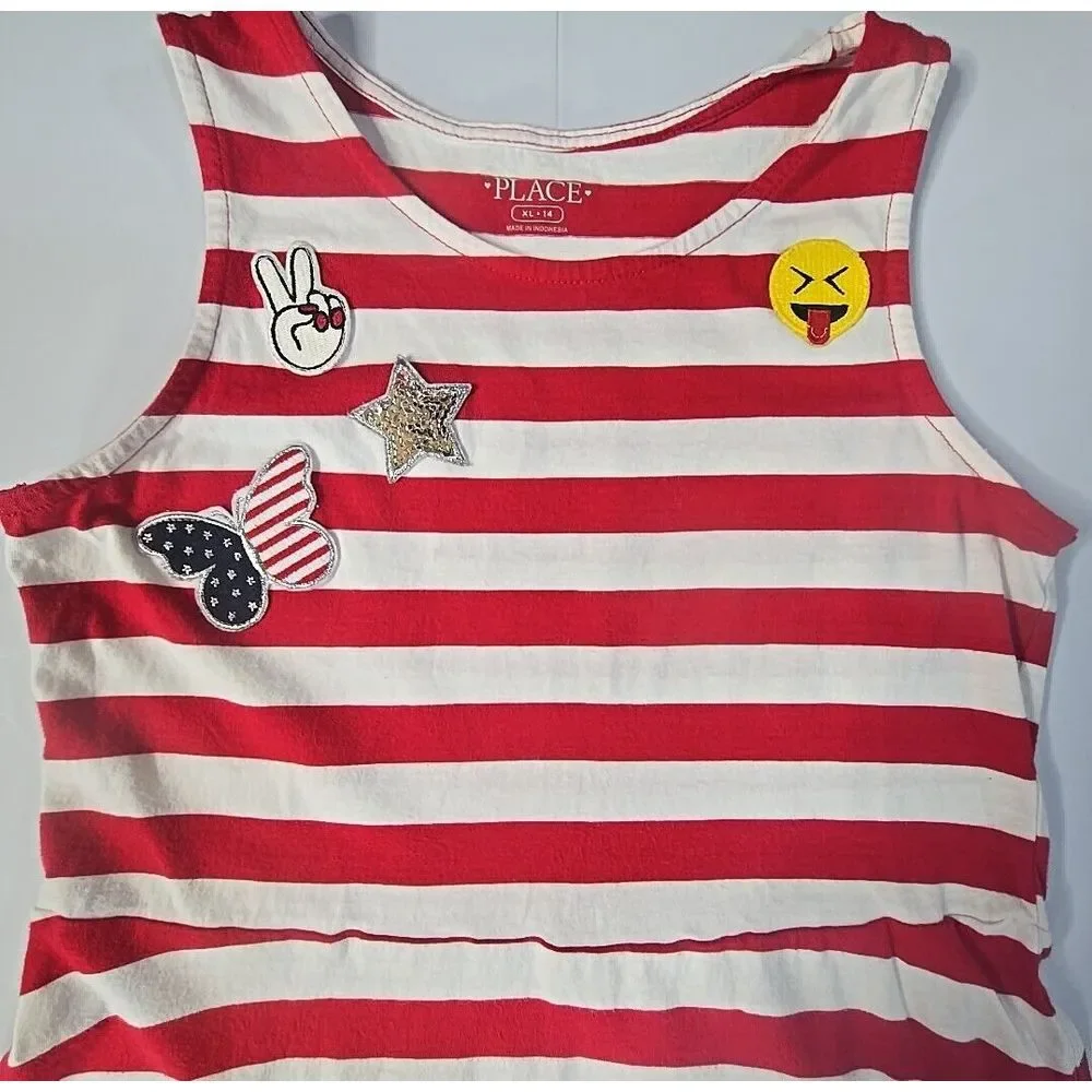 The Childrens‎ Place Striped Sharkbite Dress Kids XL 14 Red Americana Kidcore